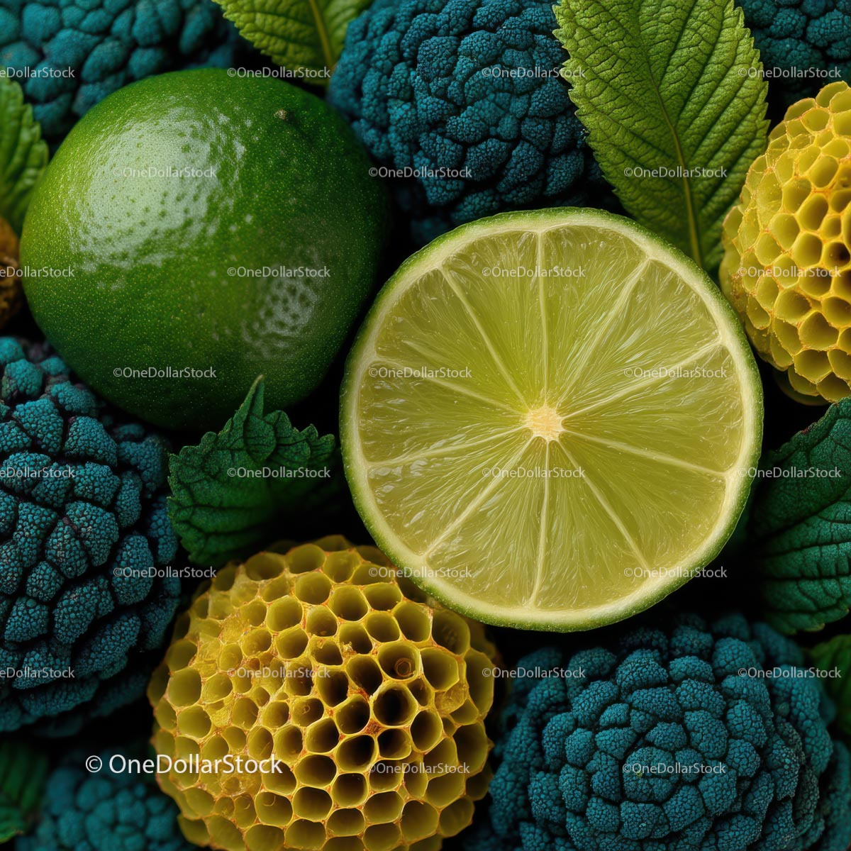 Vibrant Green Limes and Textured Leaves Composition