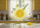Lemon slice with ice and rosemary in bright kitchen