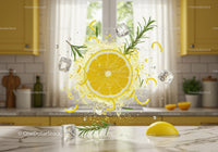 Lemon slice with ice and rosemary in bright kitchen