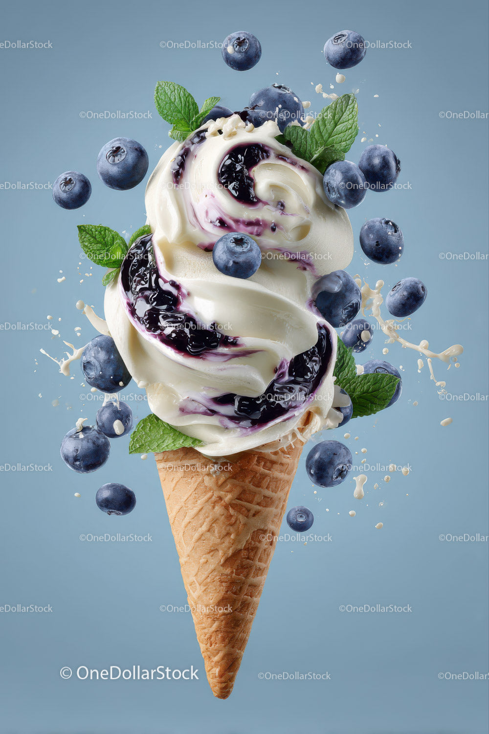 Blueberry Swirl Ice Cream Cone with Mint and Fresh Berries