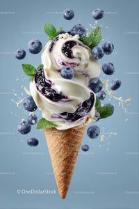 Blueberry Swirl Ice Cream Cone with Mint and Fresh Berries