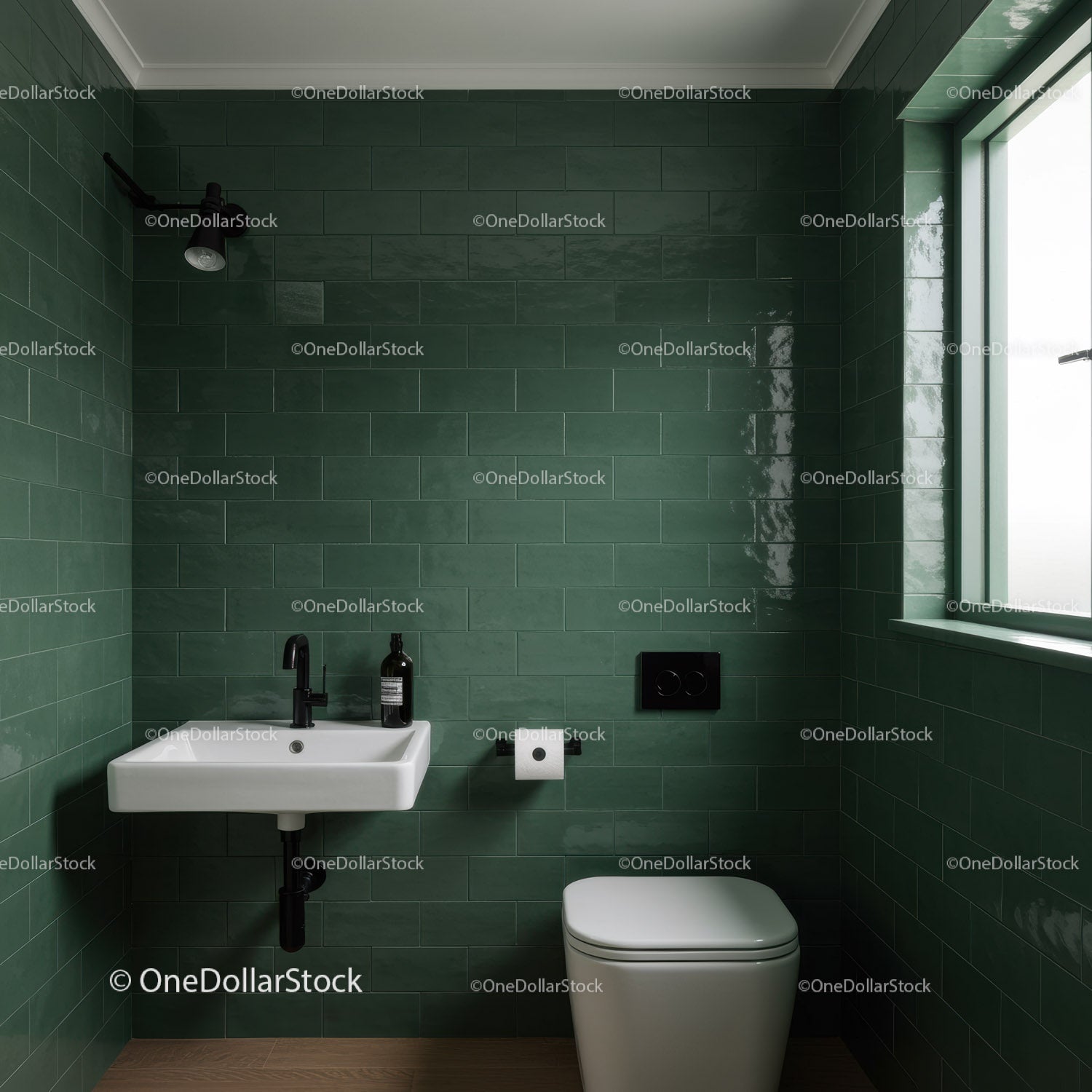 Modern Green Bathroom with White Sink and Toilet