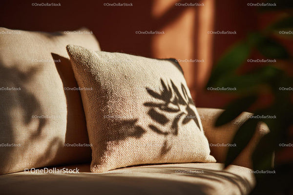 Brązowa sofa z teksturowaną poduszką i grą cieni w przytulnym salonie