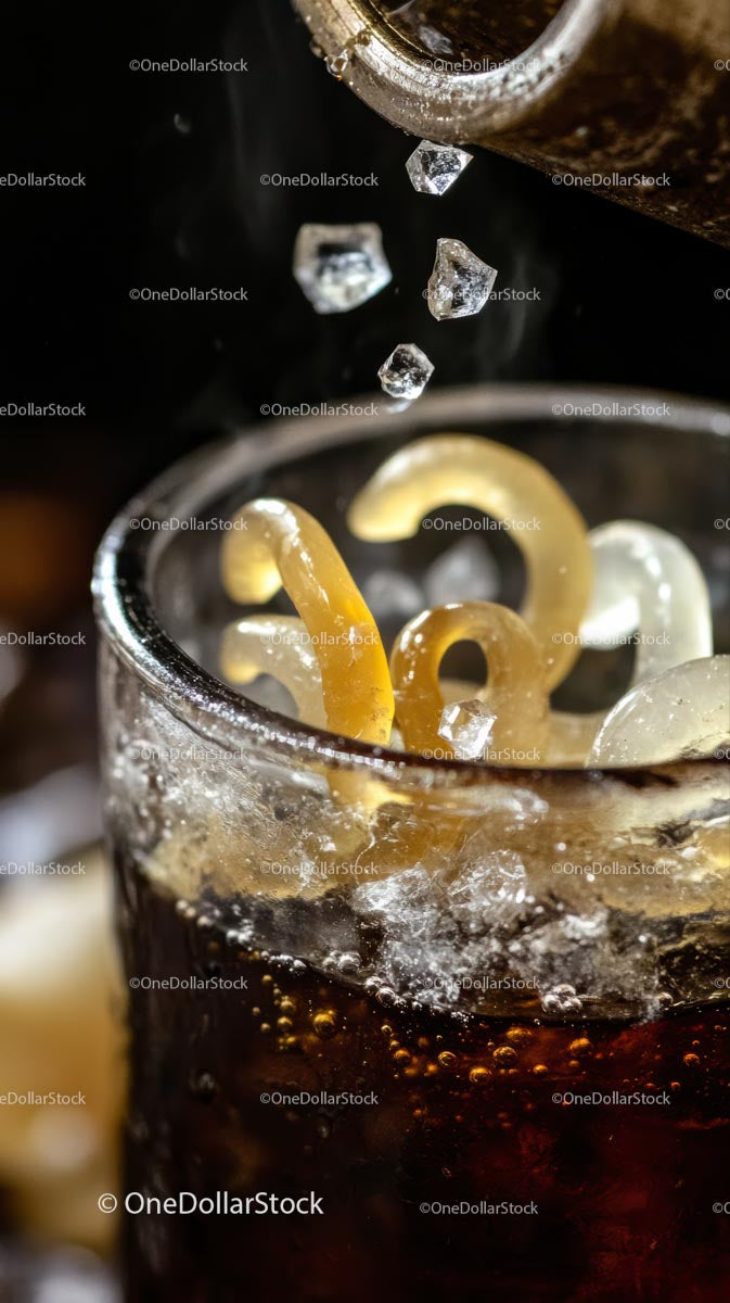 Close-Up of Cola with Ice Cubes and Bubble Detail