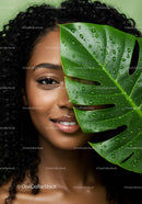 Portrait of a Woman with Curly Hair and Tropical Monstera Leaf
