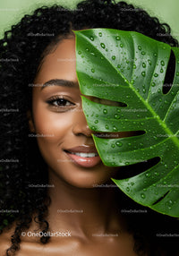 Portrait of a Woman with Curly Hair and Tropical Monstera Leaf