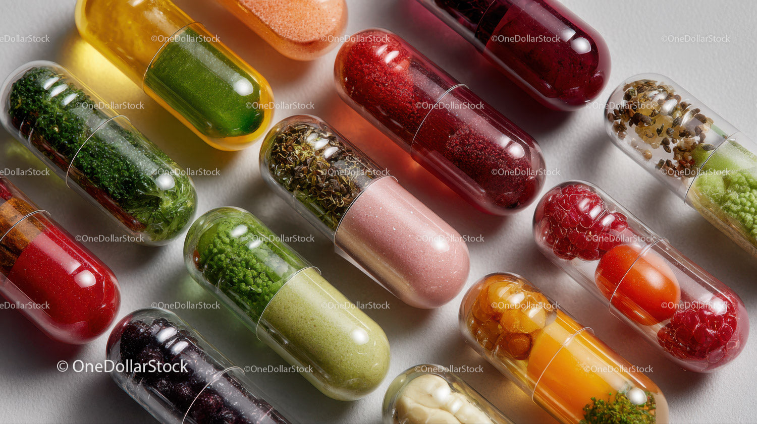 Colorful Herbal Supplement Capsules in a Medical Container