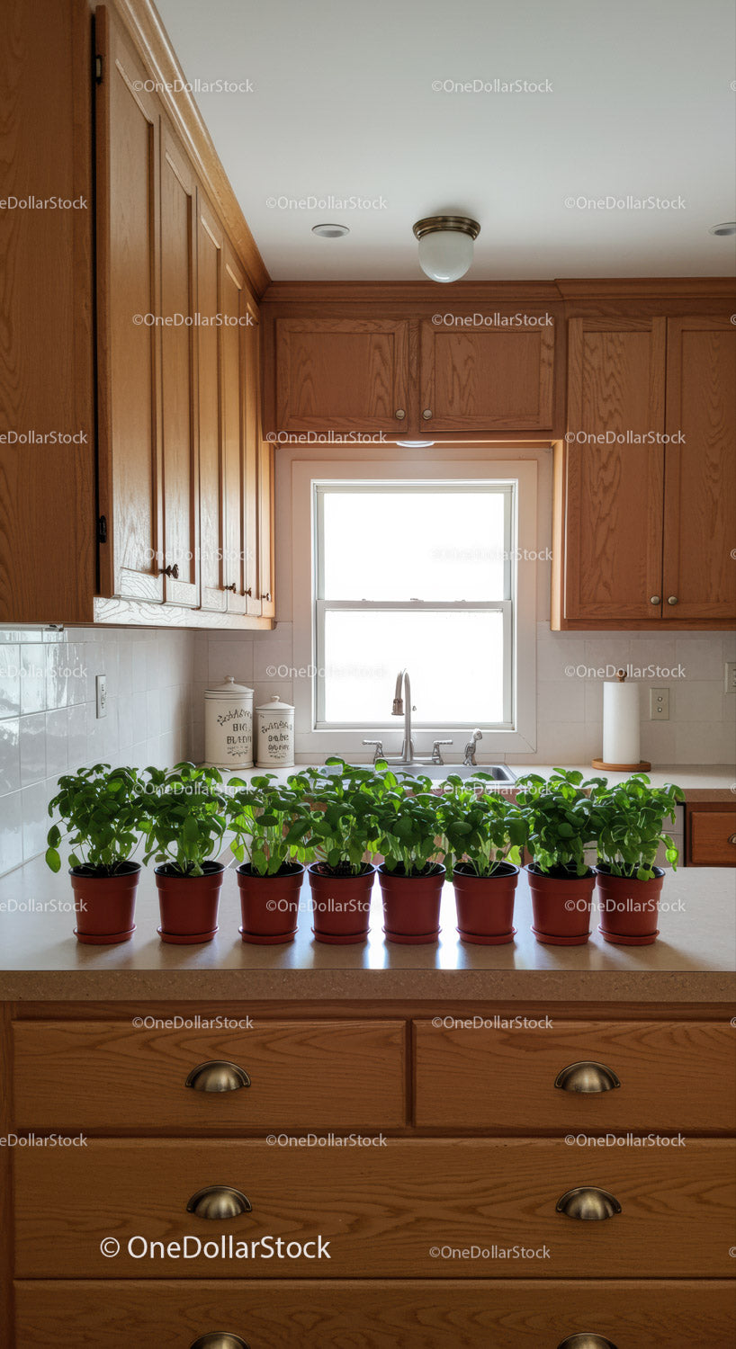 Bright Kitchen with Green Potted Plants and Warm Wooden Cabinets