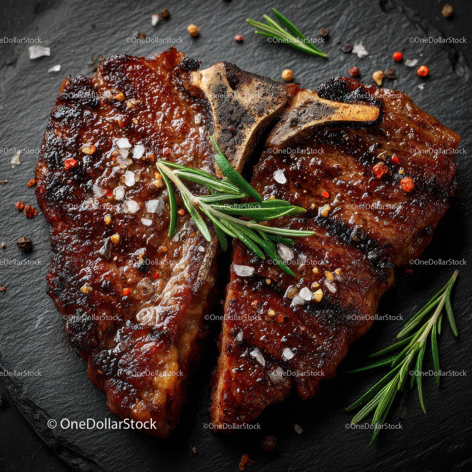 Juicy Grilled Beef Ribs with Herbs on Dark Slate Surface