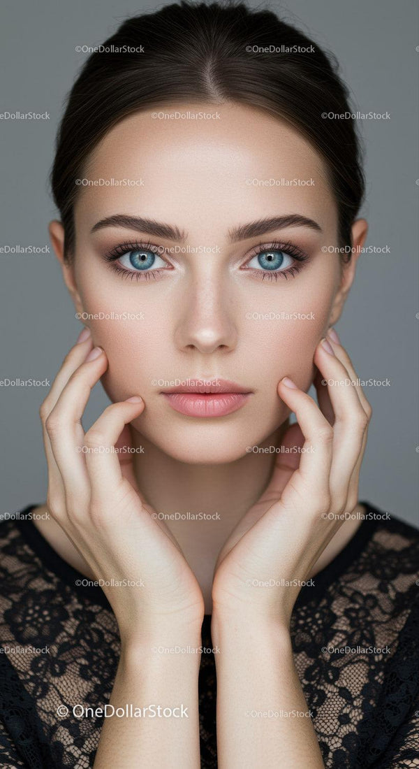 Elegancki portret z bliska pięknej kobiety z niebieskimi oczami i idealną skórą