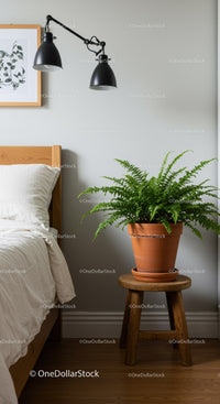 Green Fern in Terracotta Pot Above Wooden Stool in Cozy Bedroom
