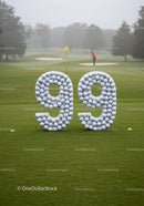 Golf balls arranged in number 99 on green course