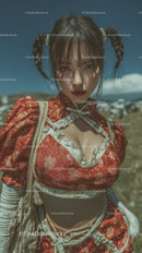 Portrait of a Young Woman in Red Vintage Dress with Braided Hair