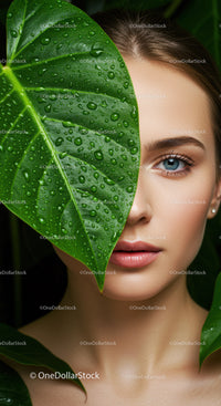 Elegant Female Portrait with Large Green Leaf and Water Droplets