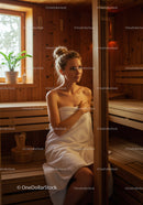 Relaxing Woman in Wooden Sauna Surrounded by Warm Interior and Natural Light