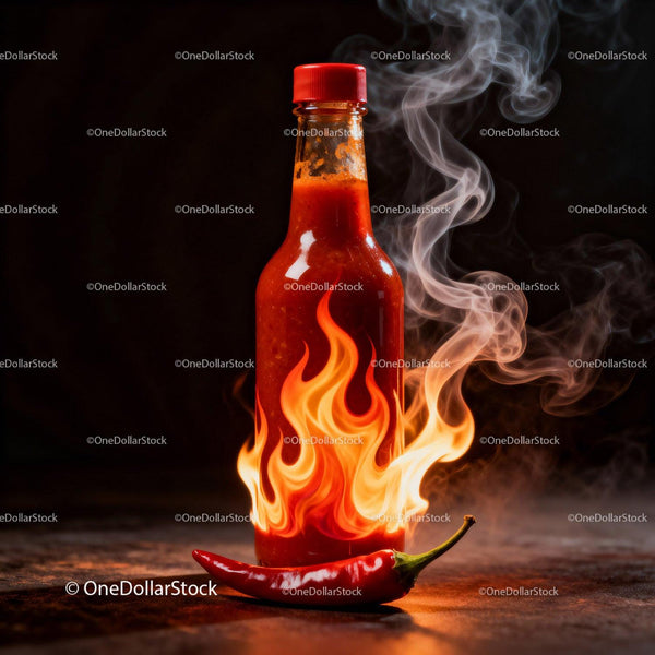 Spicy Hot Sauce Bottle with Fiery Chili Pepper