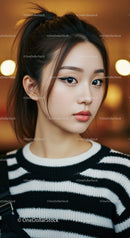 Portrait of a Stylish Young Woman with Clear Skin and White and Black Striped Sweater