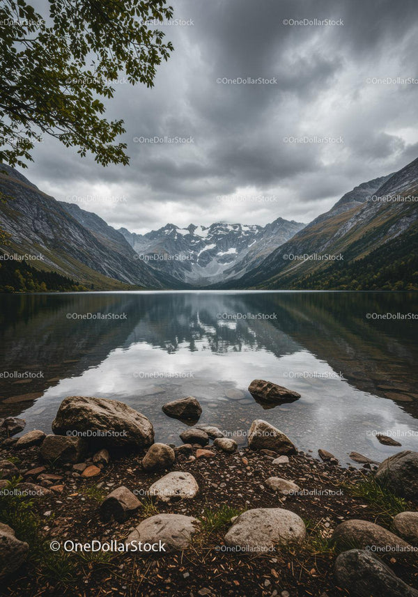Majestic Mountain Range with Serene Lake Under Cloudy Sky