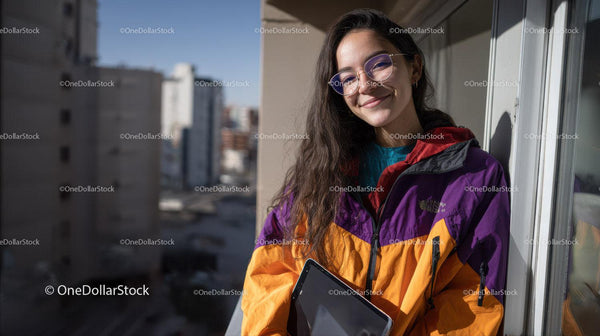 Young Woman Smiling with Tablet on Balcony Overlooking City Skyline