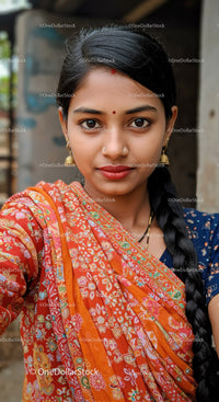 Portrait of an Elegant Indian Woman in Colorful Saree with Traditional Jewelry