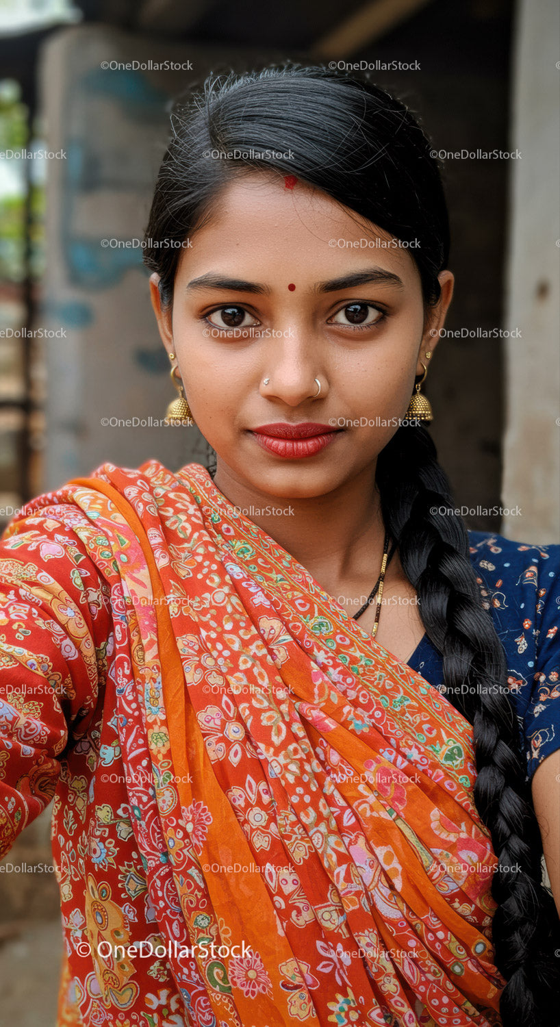 Portrait of an Elegant Indian Woman in Colorful Saree with Traditional Jewelry