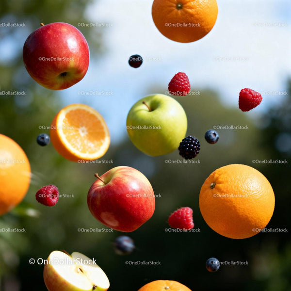 Fresh Mixed Fruits Floating Against Natural Background