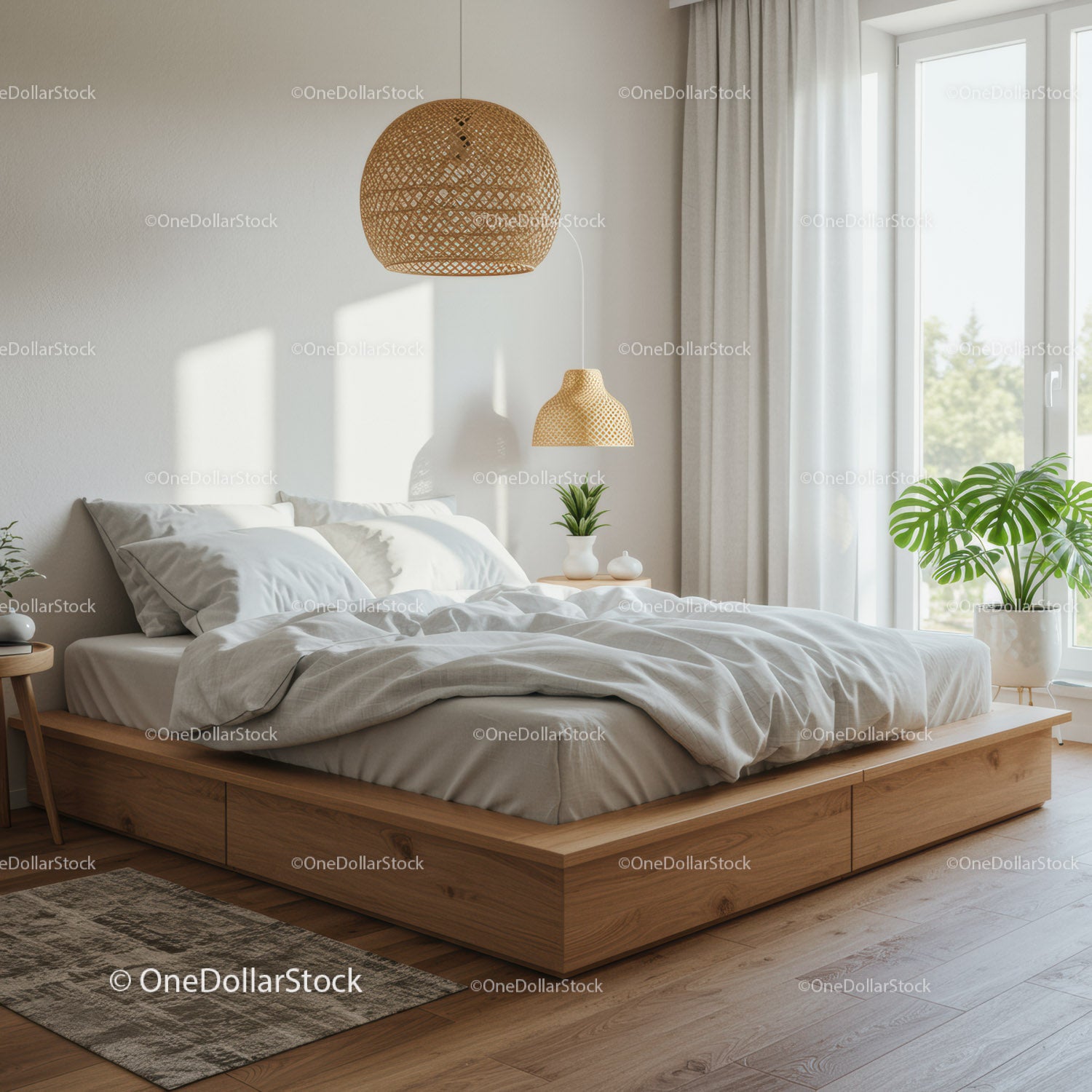 Modern wooden bed in bright minimalist bedroom interior