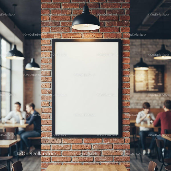 Blank Vertical Poster On Brick Wall In Modern Cafe JPG Mockup Image