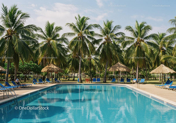 Tropical Resort with Swimming Pool and Palms beneath Blue Sky