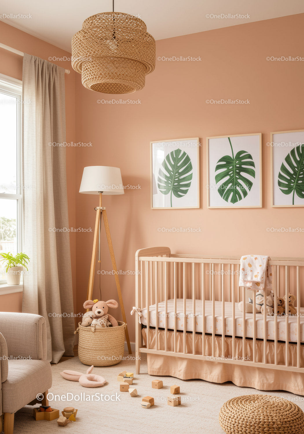Modern Nursery Decor with Tropical Leaf Wall Art and Wooden Crib