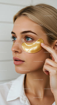 Young Woman Applying Gold Eye Patch for Skin Rejuvenation