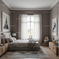 Stylish Modern Bedroom with Large Window and Cozy Decor
