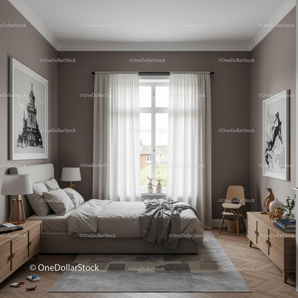 Stylish Modern Bedroom with Large Window and Cozy Decor