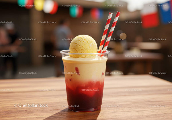 Vibrant Layered Fruit Drink with Ice Cream and Striped Straws