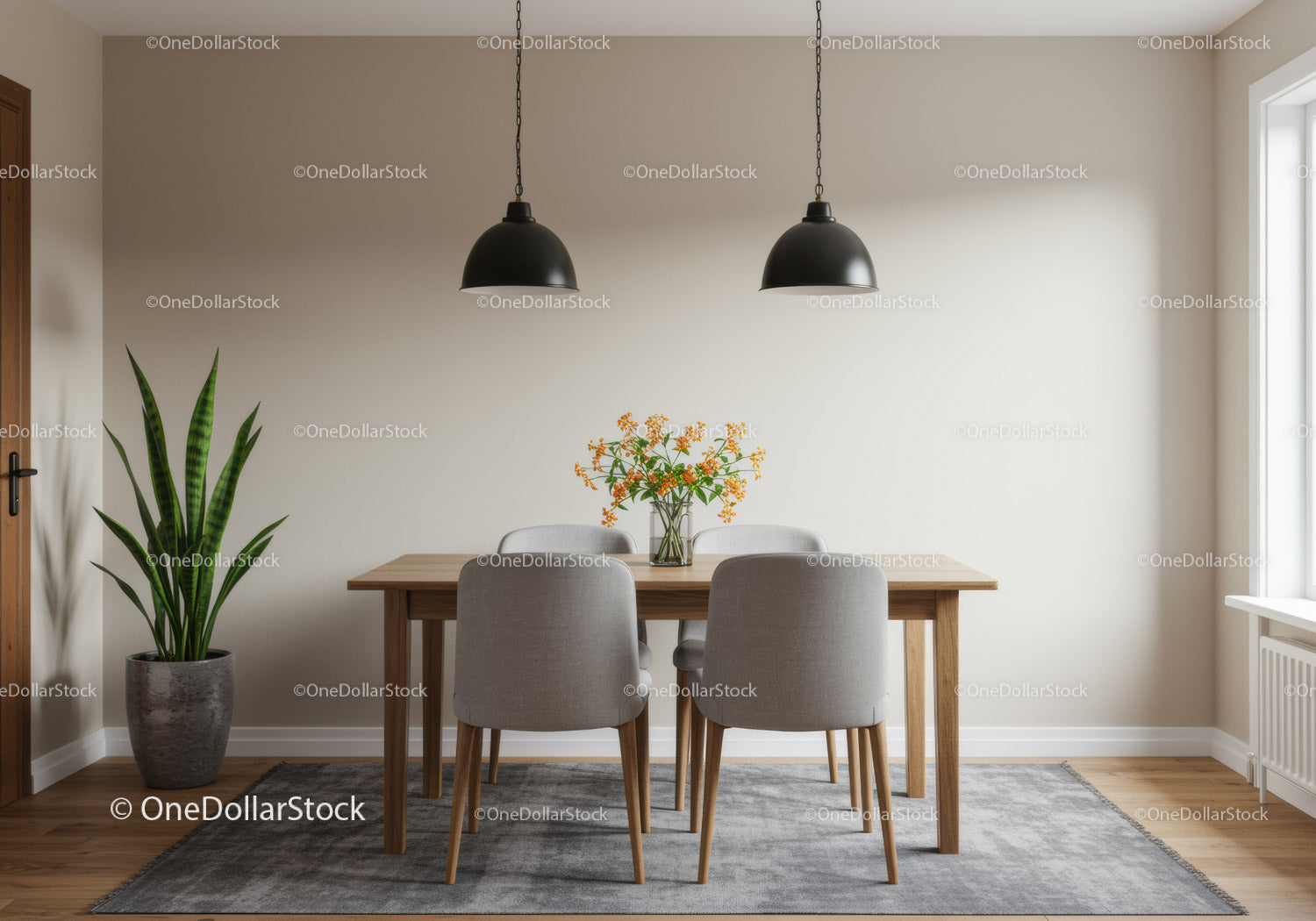 Modern dining room with wooden table and gray chairs