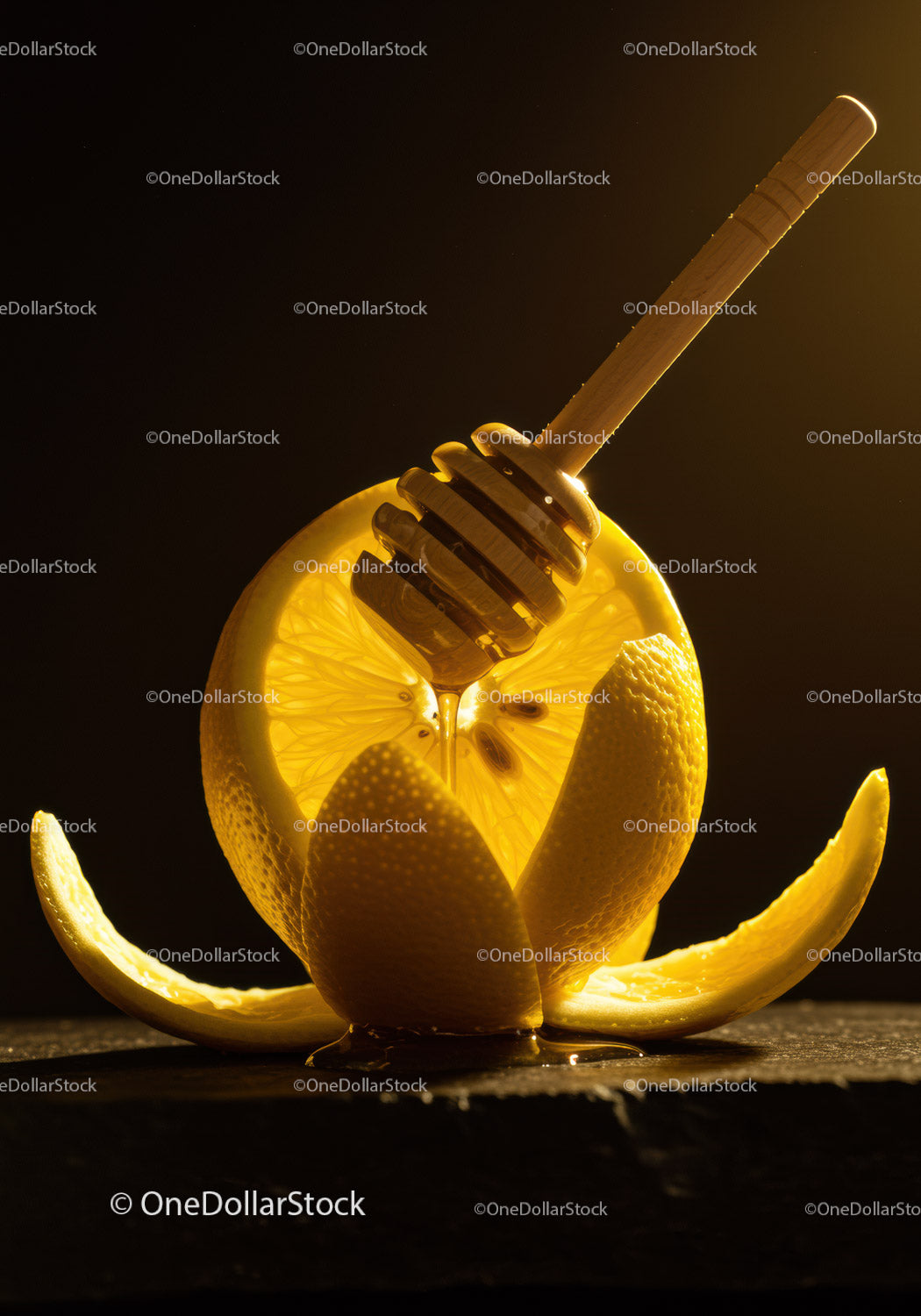 Honey dripping onto peeled lemon in warm light