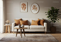 Cozy living room with beige sofa and orange pillows