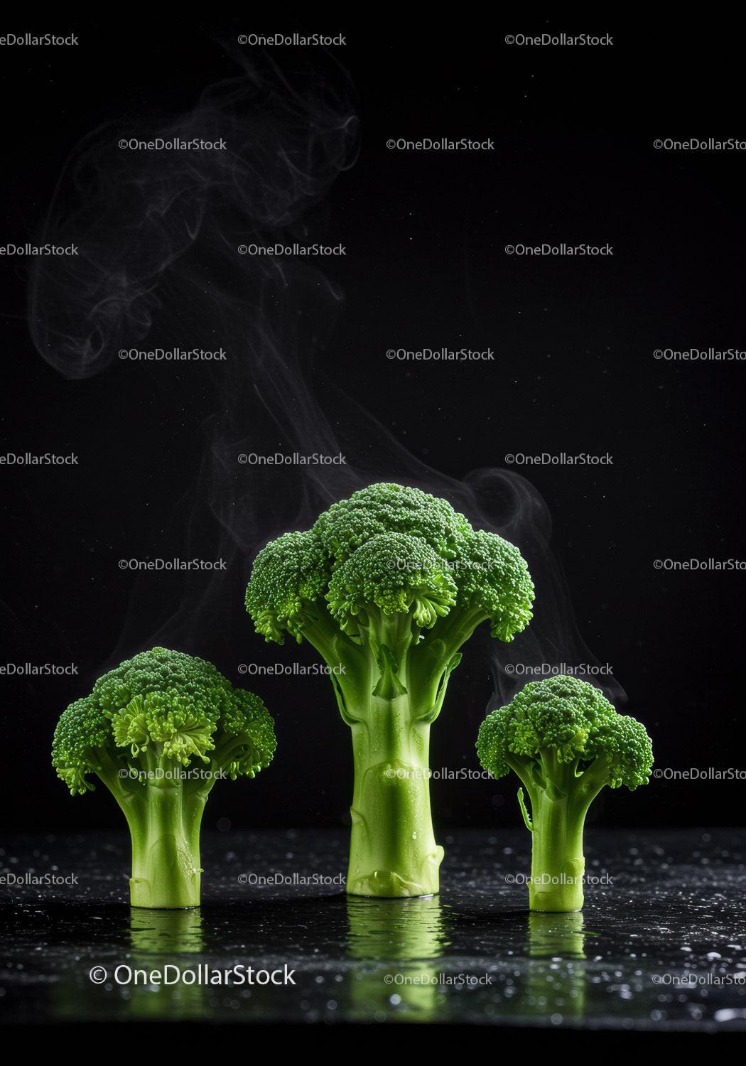 Fresh Steaming Broccoli Florets on Dark Surface