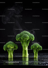 Fresh Steaming Broccoli Florets on Dark Surface