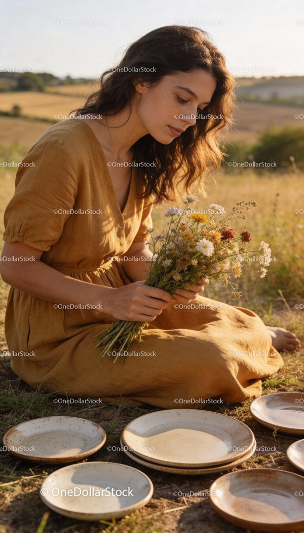 Young woman in mustard dress holding wildflowers outdoors
