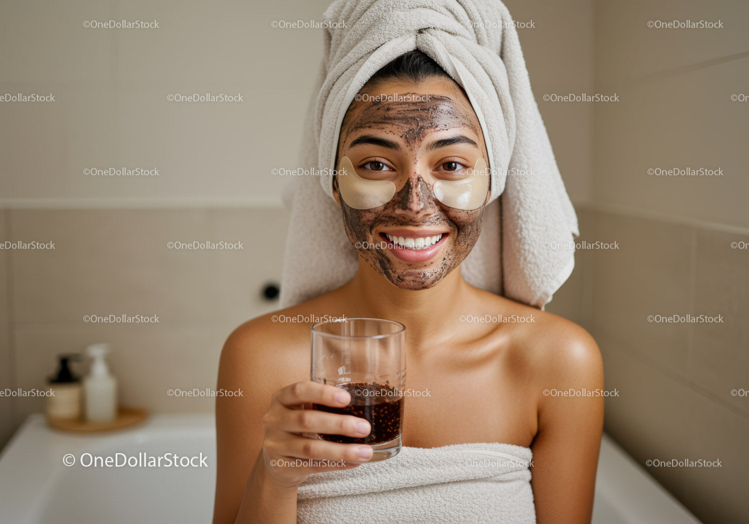 Young Woman Enjoying Facial Mask and Drinking Soda at Spa