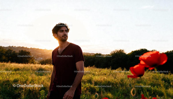 Young man enjoying serene sunset in blooming field