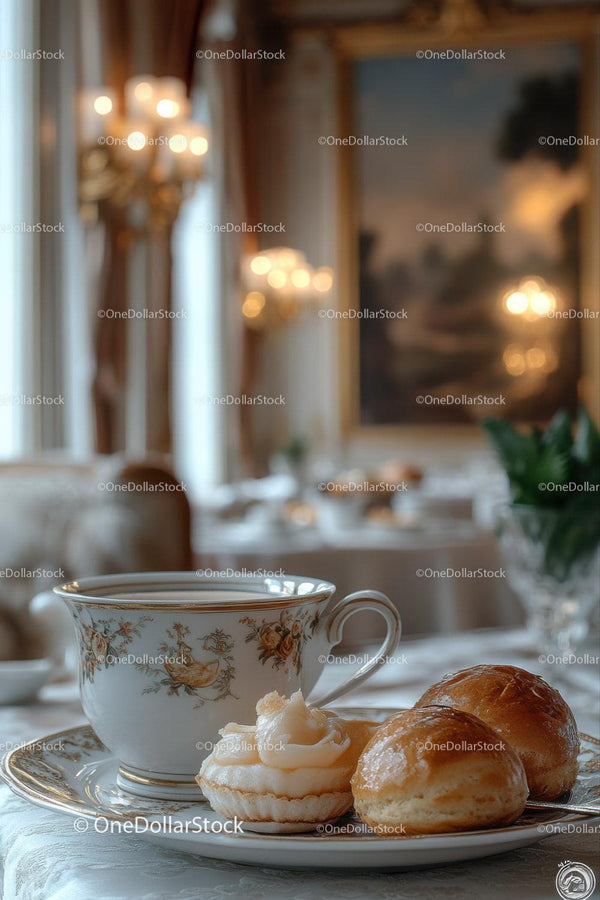 Elegancka scena śniadaniowa z porcelanową filiżanką do herbaty i świeżo pieczonymi bułeczkami