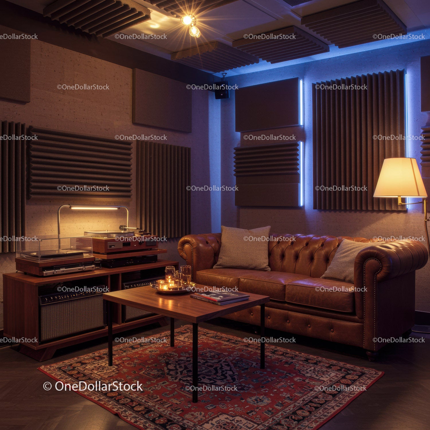 Cozy living room with vintage leather sofa and audio setup