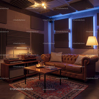 Cozy living room with vintage leather sofa and audio setup