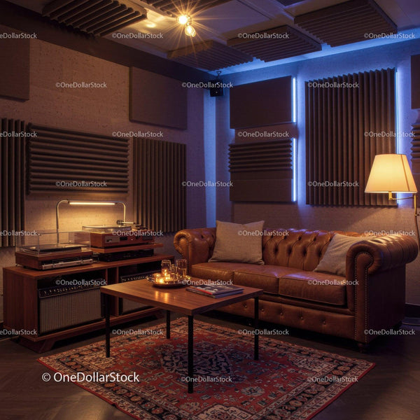 Cozy living room with vintage leather sofa and audio setup