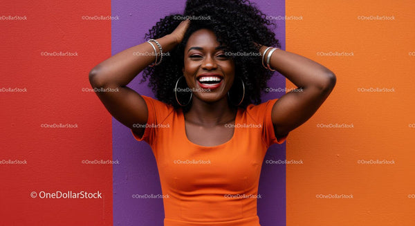 Vibrant Colorful Wall Background with Smiling Woman Wearing Orange Dress