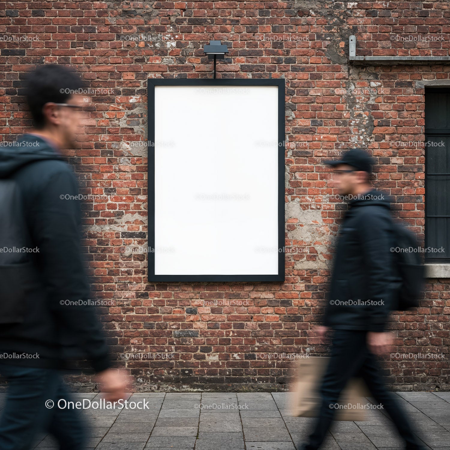 Blank Urban Billboard on Brick Wall with Passing Pedestrians
