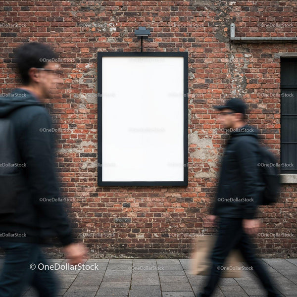 Blank Urban Billboard on Brick Wall with Passing Pedestrians JPG Mockup Image