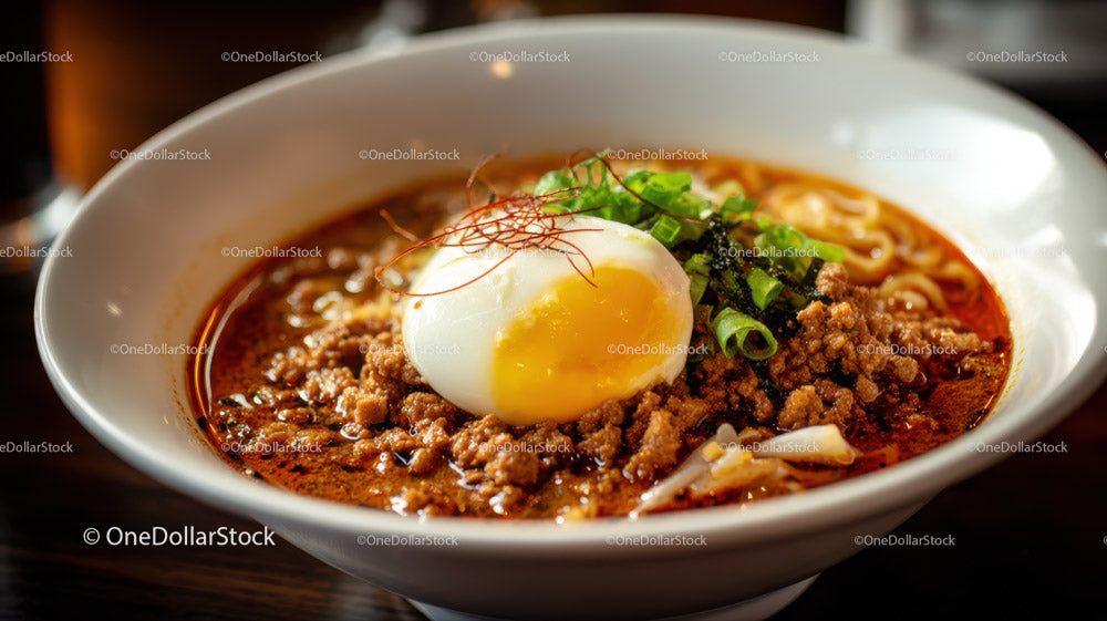 Spicy Ramen Bowl with Soft Boiled Egg and Minced Meat